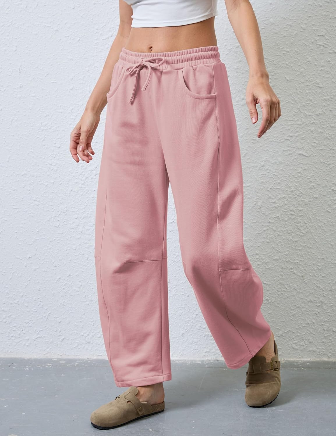 SeekMe Women's Barrel Leg Sweatpant Drawstring Elastic Waisted Wide Leg Pants Casual Cotton Palazzo Trousers with Pockets - Image 3