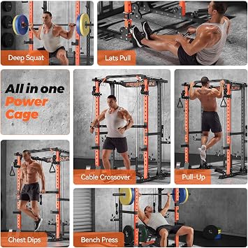 FEIERDUN Multi-Function Squat Rack Power Cage FLA01,2000LBS Capacity Power Rack with Adjustable Cable Crossover System and Additional Attachments, Ideal Weight Cage for Home Gym & Garage Workouts