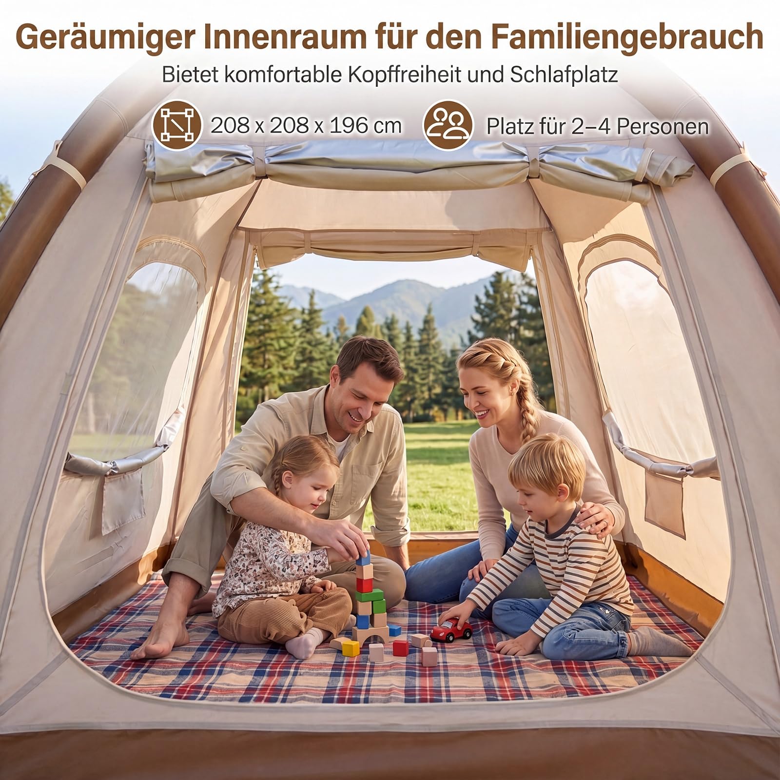 COSTWAY Aufblasbares Campingzelt für 2-4 Personen, wasserfestes Luftzelt mit Dachfenster, 2 Türen & Netzfenstern, Familienzelt inkl. Tragetasche & Luftpumpe, für Camping & Wandern, 208 x 208 x 196cm