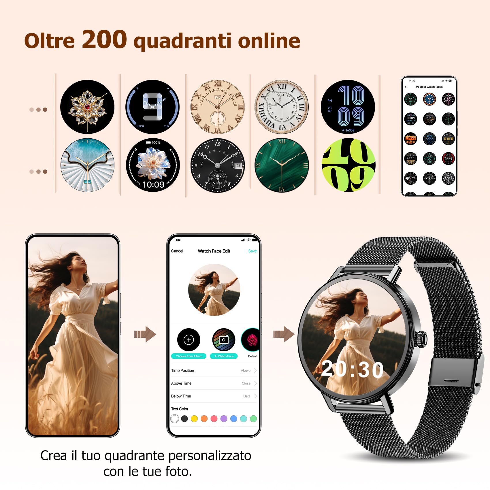 IOWODO Smartwatch Donna Elegante 1.26" con Cinturino Milanese, Ultra Leggero 62g, Chiamate Bluetooth, Salute Femminile, Assistente Vocale AI, IP68, 100+ Modalità Sportive, Compatibile Android e iOS