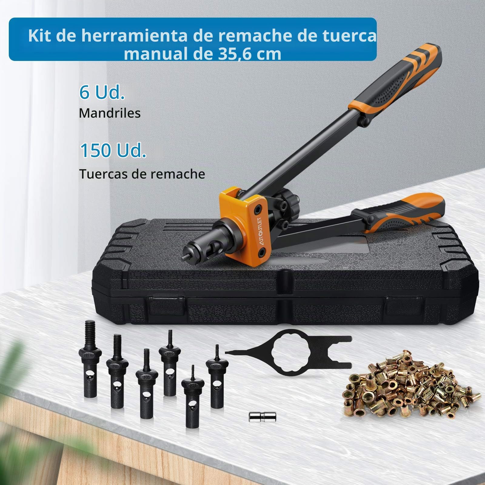 AUTOUTLET Remachadora de Tuercas, 14" Remachadora Profesional, con 150PCS Tuercas de Remache, 6 Mandriles Intercambiables M3 M4 M5 M6 M8 M10, Llave Incorporada, Herramientas de Remachado - Naranja