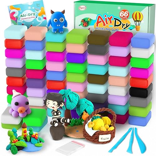ARTPAR Arcilla seca al aire en 66 colores, arcilla para modelar para niños, kit de arcilla de moldeo mágica con herramientas de escultura, suave y