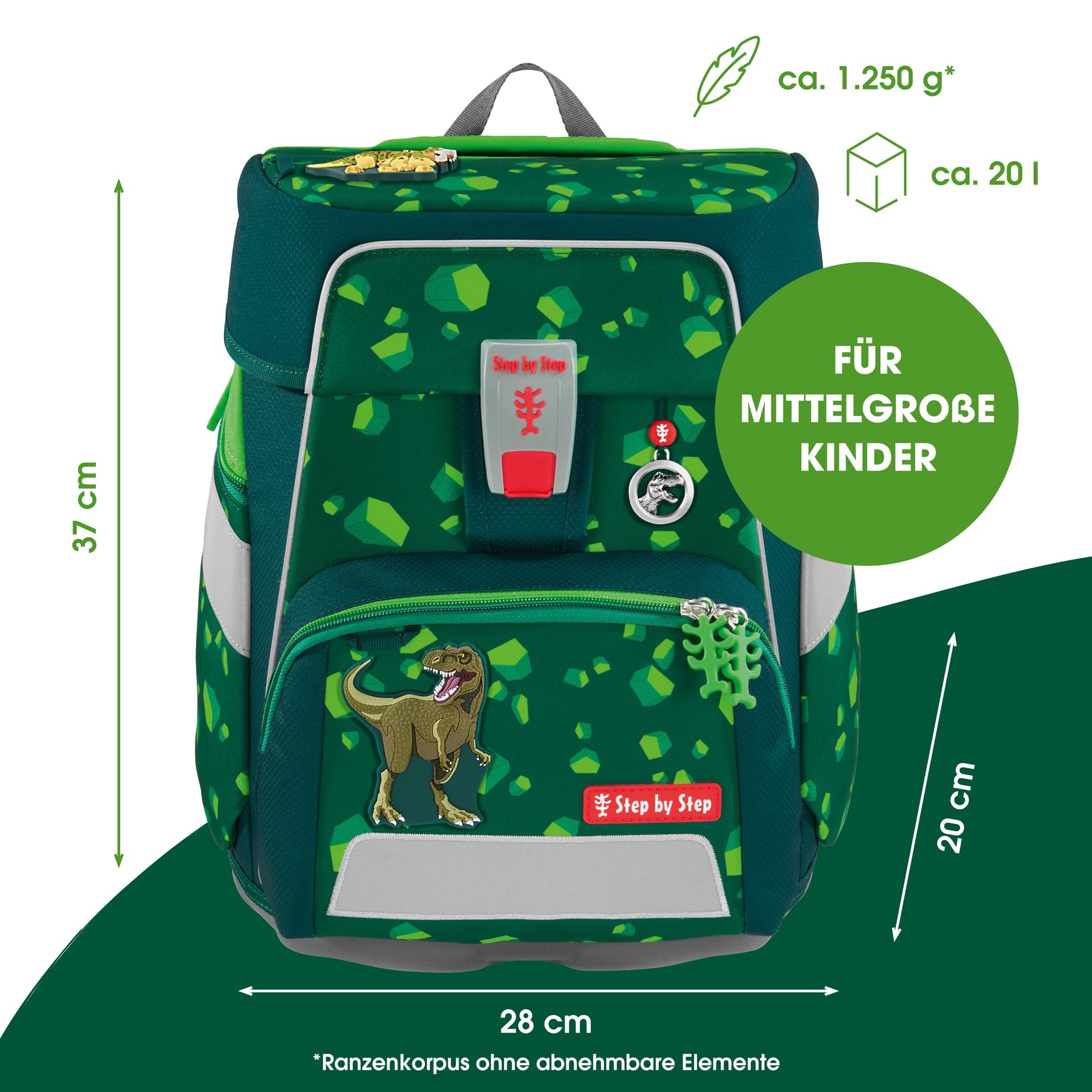 Step by Step Schulranzen-Set SPACE „Dino Targo“ 5-teilig, grün, Dino-Design, ergonomischer Tornister mit Reflektoren, höhenverstellbar mit Hüftgurt für Jungen ab der 1. Klasse, 20L