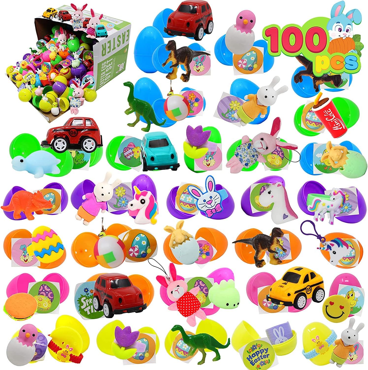 JOYIN 100 Pcs Prefilled Easter Eggs with Toys Plus Stickers, Filled Easter Eggs with