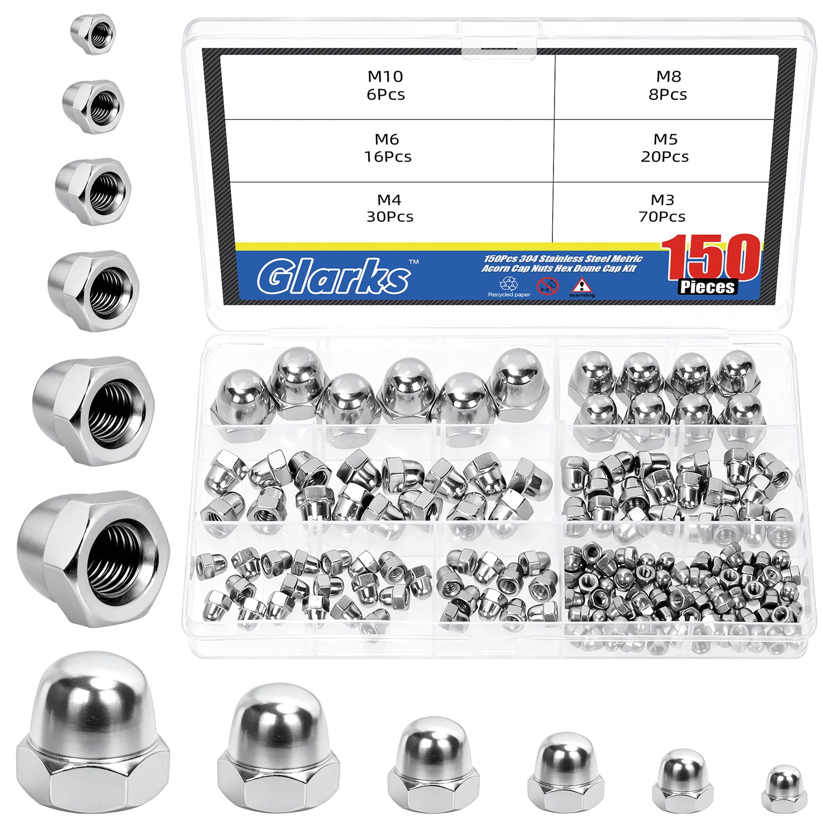 Glarks 150pcs M3/M4/M5/M6/M8/M10 Stainless Steel Acorn Cap Nuts Kit, Hex Dome Nuts, Acorn Hex Cap Dome Head Nut, Domed Crown Nut for Protecting Bolts, Furniture, Automotive, Electronic Equipment