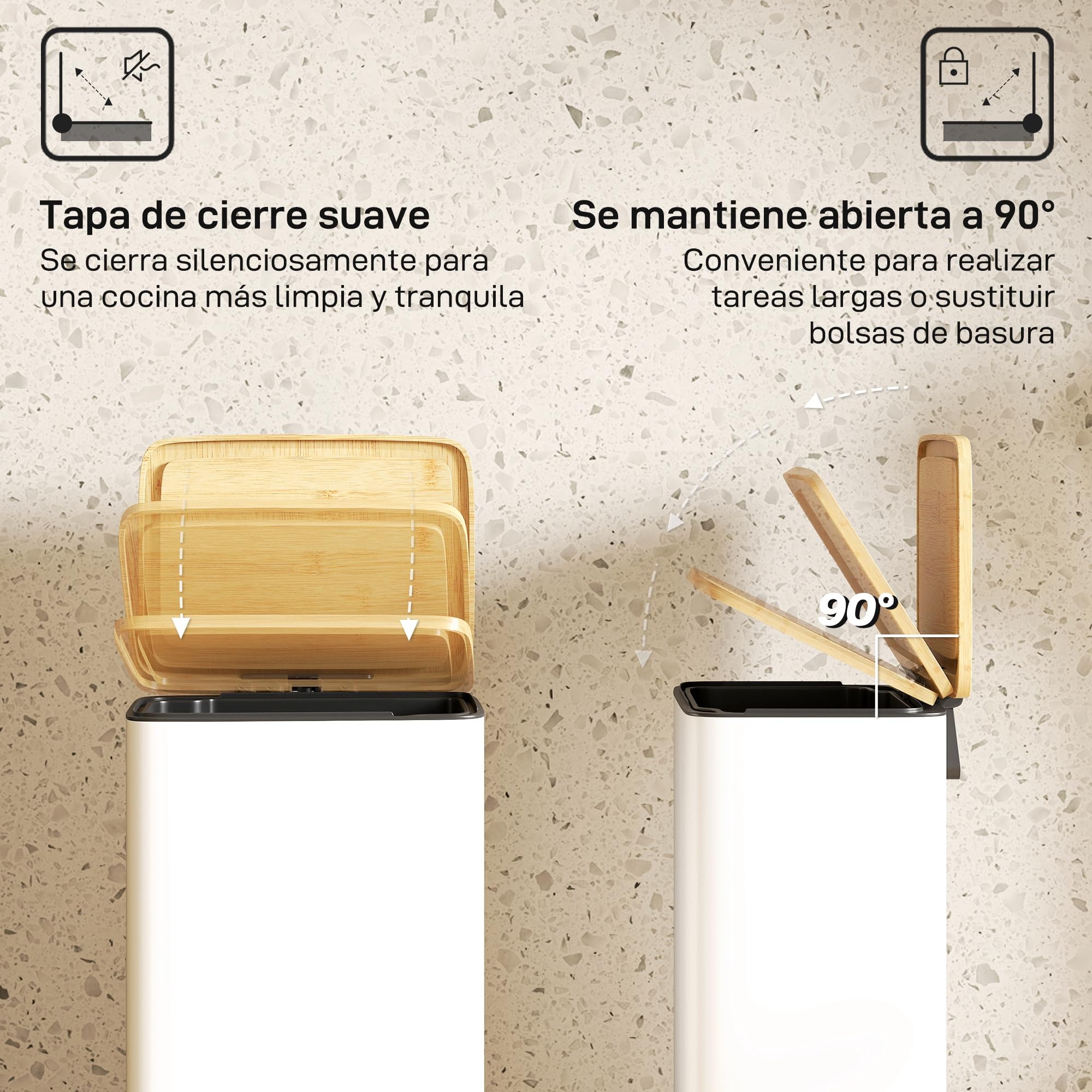HOMCOM Cubo de Basura Cocina con Pedal, 20L, Tapa de Bambú de Cierre Suave, Papelera de Cocina con Cubo Interior Extraíble, Anti-Huellas, para Dormitorio, Salón, 29,5x29,5x56,8 cm, Blanco y Natural