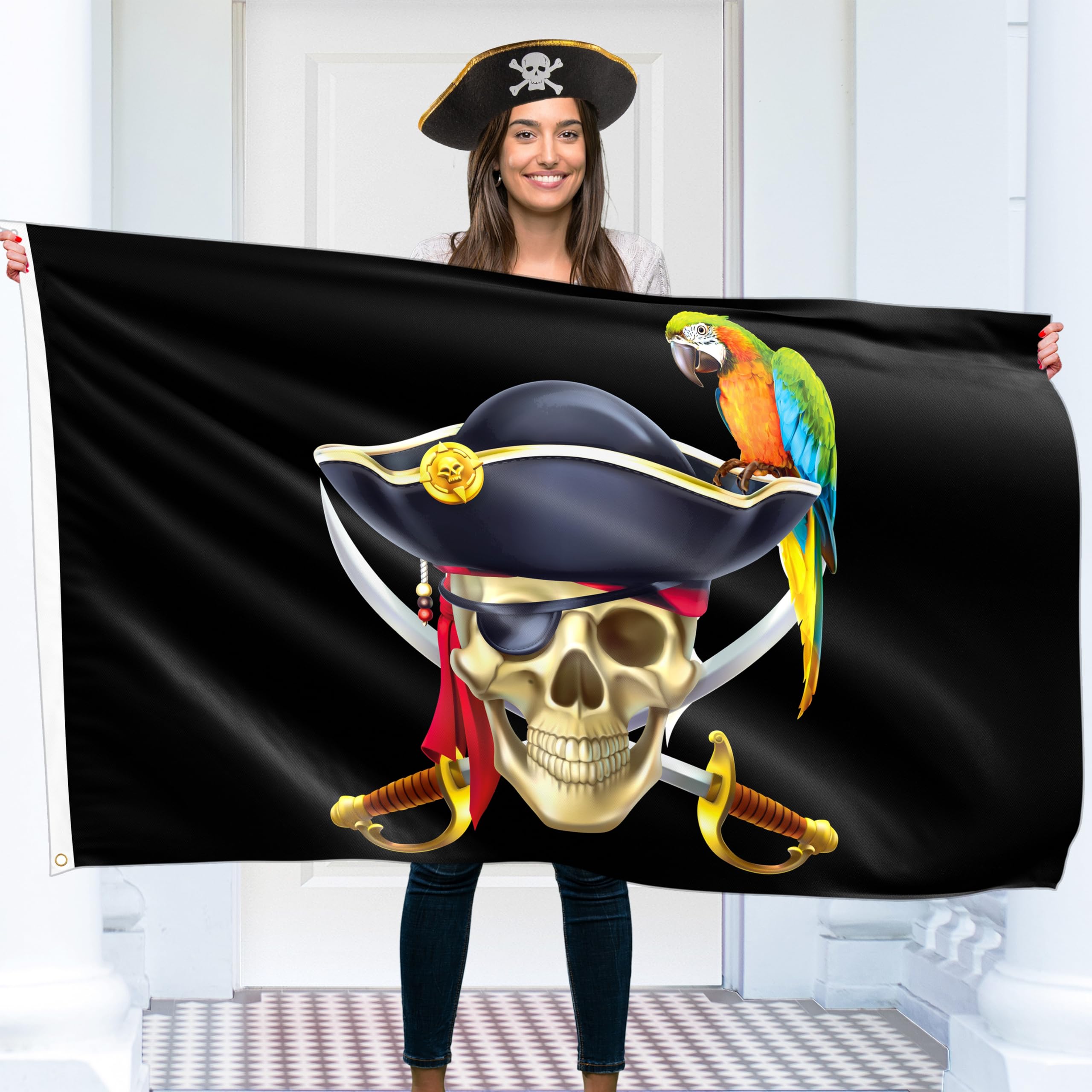 Bandiera dei pirati 90 x 150 cm con occhielli, grande bandiera dei pirati per bambini, stampa digitale vivida, bandiera dei pirati, bandiera Jolly Roger, doppia cucitura