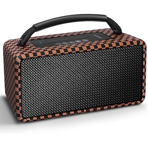 DINDIN Portable Bluetooth Speaker： 80W (Peak), 20H Playtime, Wireless Big Wood Boombox with Deep Bass, Subwoofer, TWS, Large, Loud Speaker for Party, Outdoor, Backyard, Beach, Home,Gift（Black+Brown）