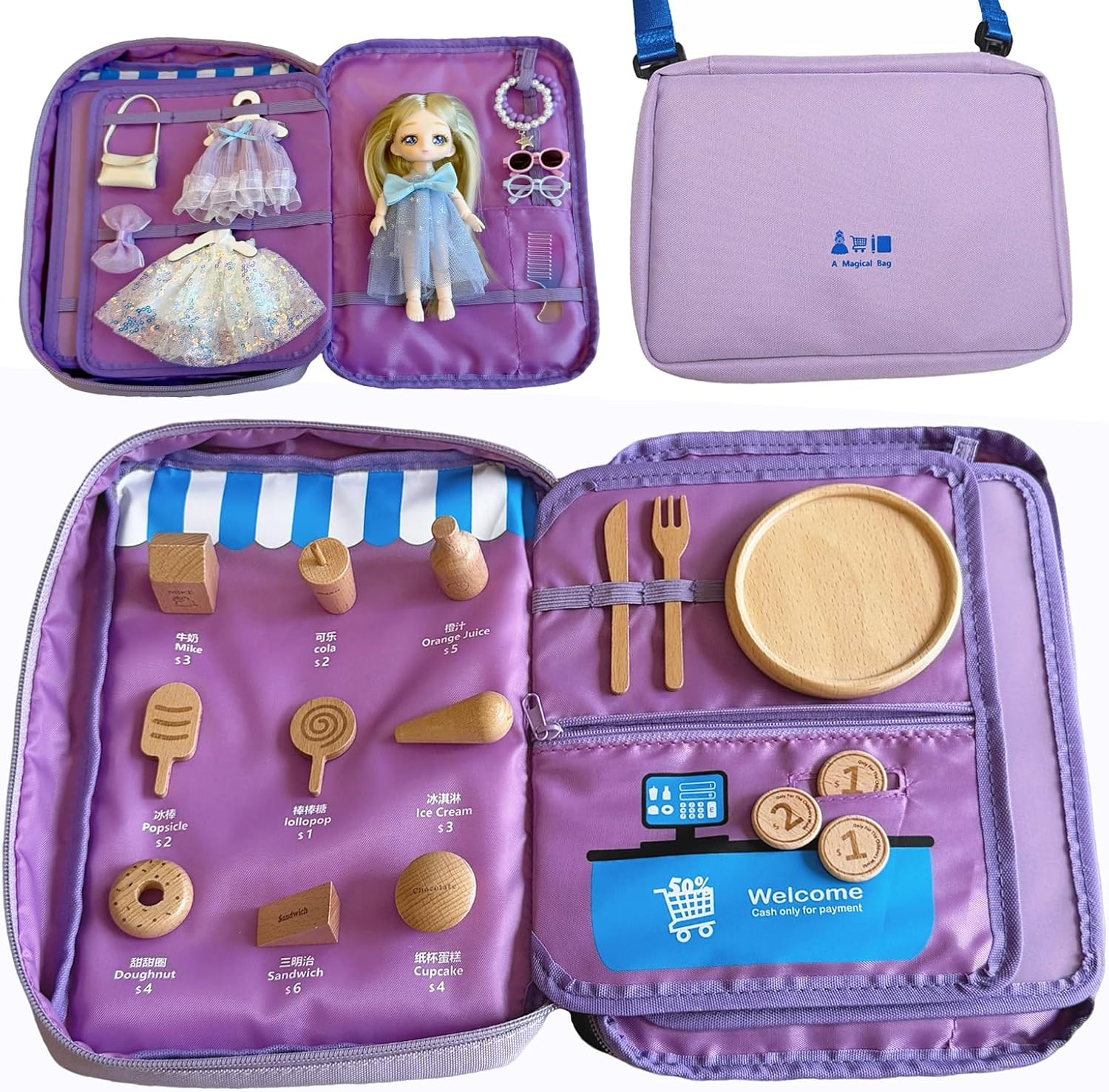 Kids' Portable Travel Toy Storage Bag, Convenience Store Cash Register Pretend Play Set with Realistic Play Food, Doll Dress-Up Outfits & Accessories, Birthday Gift for 3-8 Year Old Girls