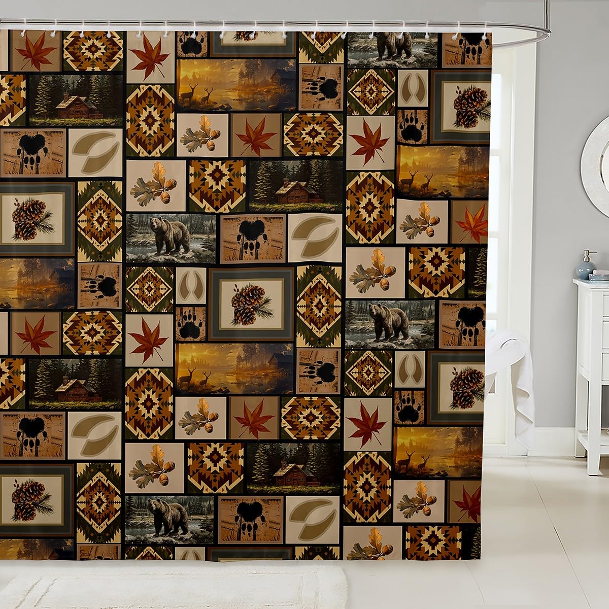 Decorative Bear Print Shower Curtain Waterproof Polyester Fabric,Hunting Bath Curtain Home Bathroom Decor Hanging Curtain with Hooks 72 x 78 Inch,Machine Washable