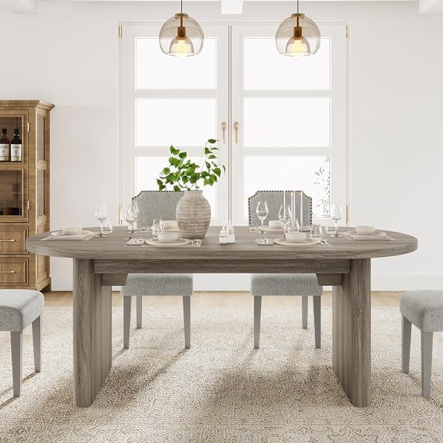 70.87 in Oval Dining Table for 6-8 People, Long Large Kitchen Table with Thick Sturdy Wooden Base, Farmhouse Dining Room Table for for Kitchen, Living Room and Office, Walnut(No Chairs)