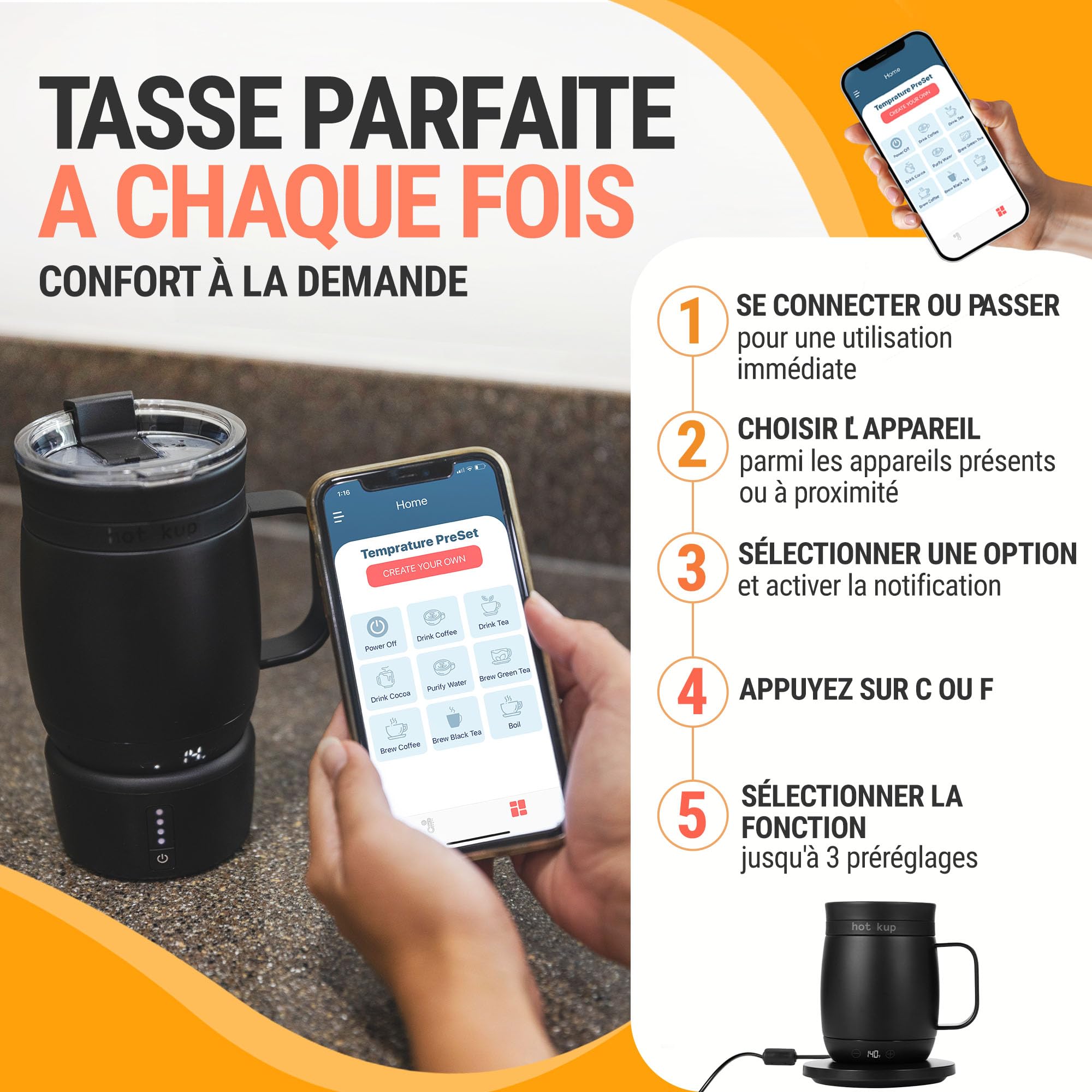 HOT KUP - Tasse de Voyage Auto-chauffante, Infusion des Boissons - Alimentation AC ou par Batterie - Blanc