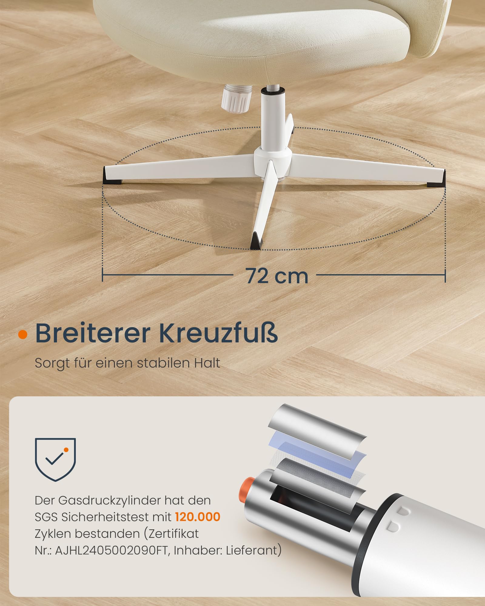 SONGMICS HOME Schneidersitz Stuhl, Schminkstuhl, Drehstuhl ohne Armlehnen, Schreibtischstuhl, breite Sitzfläche, modern, mit Kreuzfuß, höhenverstellbar, Wippfunktion, cremeweiß OBG046W01