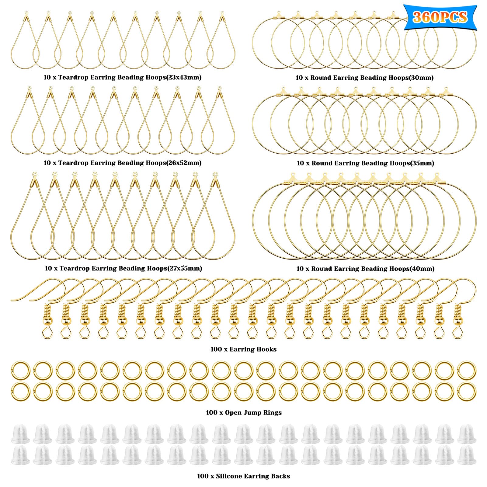 360Pcs Earrings Beading Hoop Set for Jewelry Making, with Earring Finding Teardrop Round Beading Hoop,Open Jump Rings,Earring Hooks and Backs, Earring Supplies Component for DIY Craft Jewelry Making