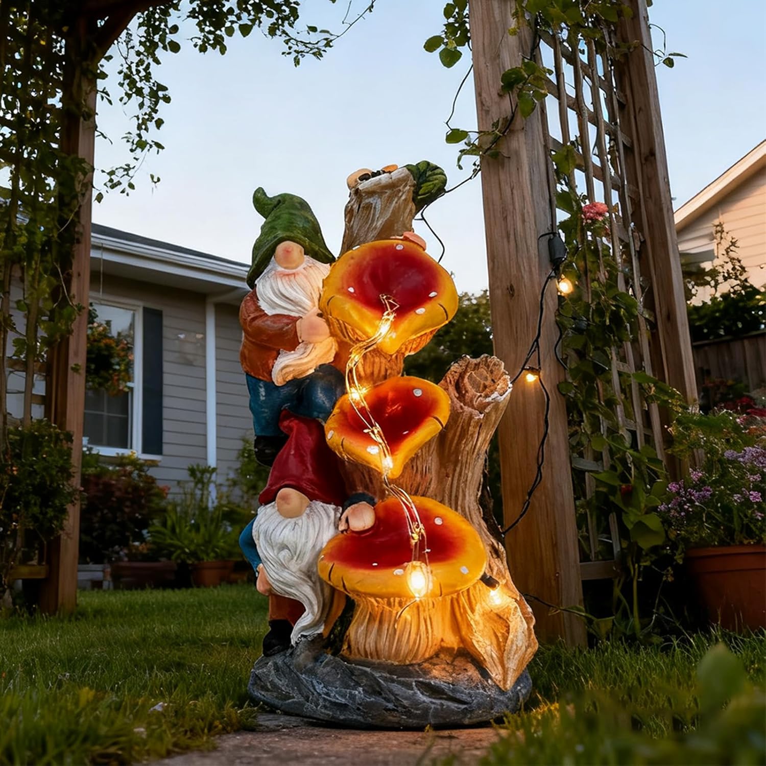 Solar Powered Garden Gnome Statue with Mushroom Waterfall LED Lights, Resin Fairy Garden Ornament, Outdoor Decor for Patio Lawn Yard, for Gnome Lovers