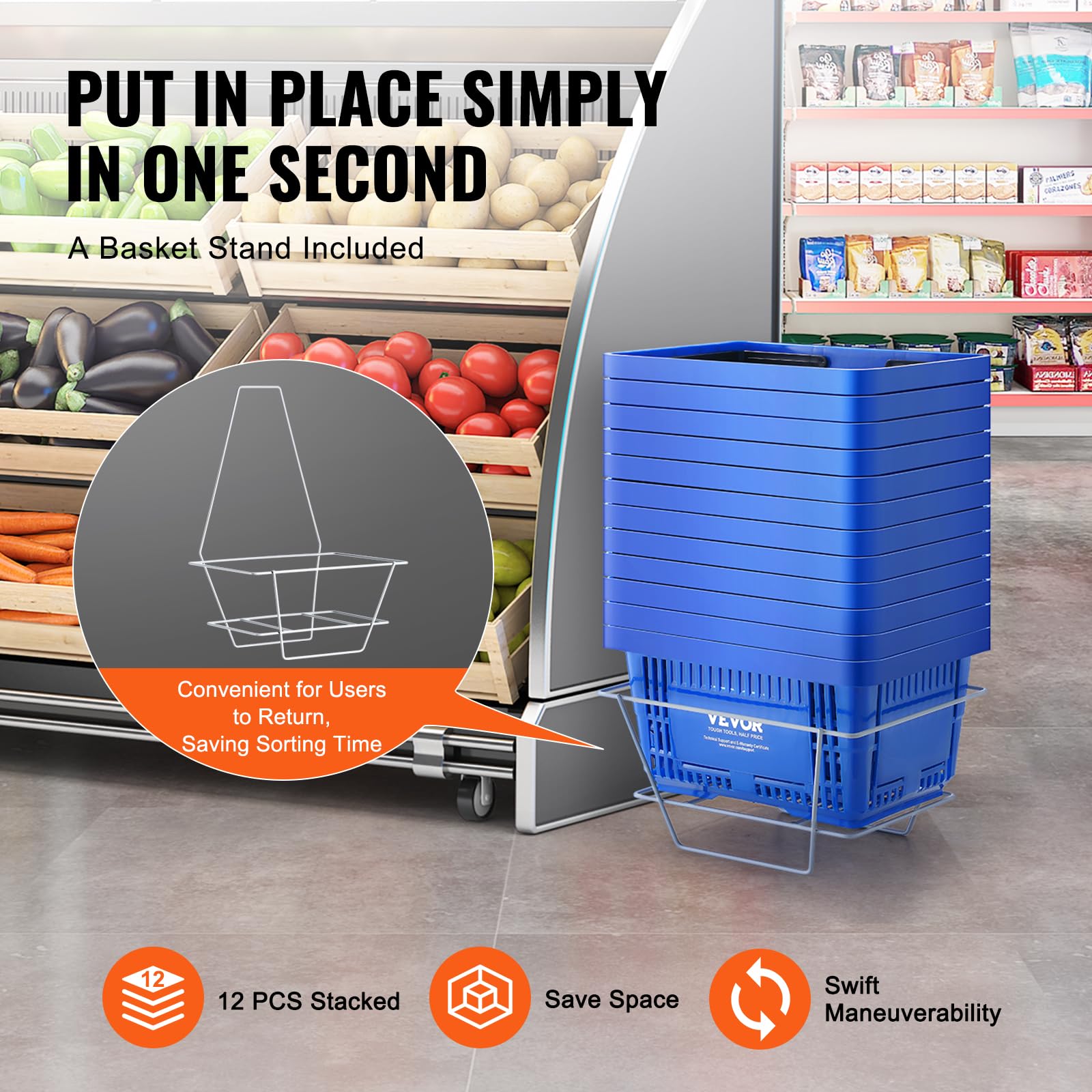 VEVOR Panier de courses, panier à provision en plastique durable 21 L avec poignée grise et support, 420x300x210 mm, panier d'achat pour magasins de détail, supermarchés, courses, rouge