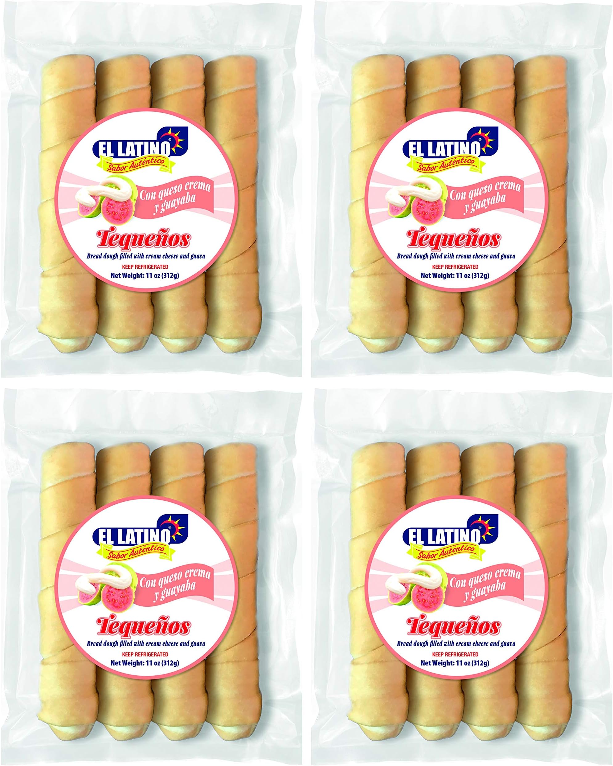 El Latino Tequenos, cheese and guava, Pack of 4, 11oz or 4 units each. Total 16 units or 2.75Lb.
