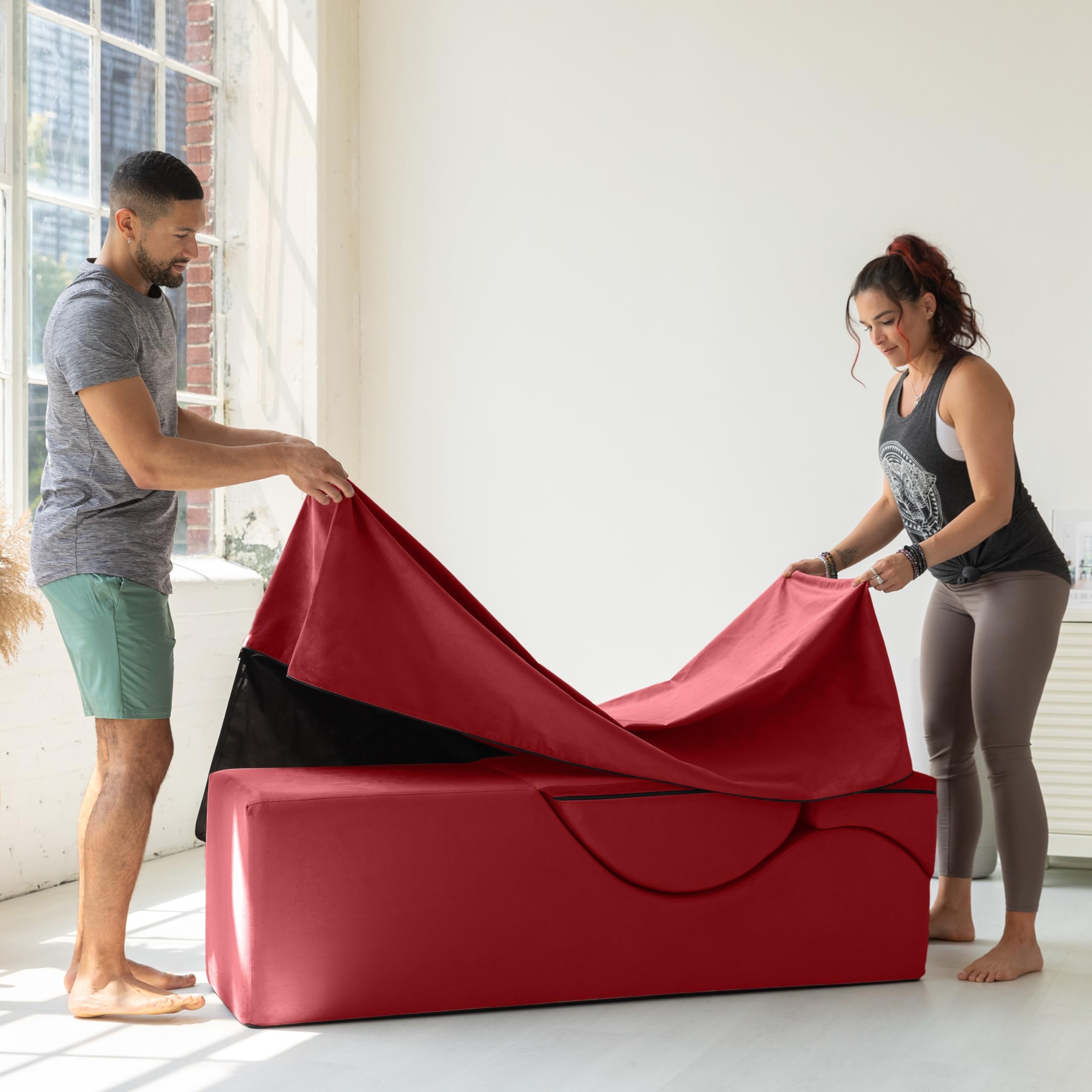 Avana Kami Convertible Chaise/Bed Bench for Yoga & Massage - 2-in-1 End of Bed Ottoman with Concealed Fold Out Yoga Lounge Chair, Microvelvet Rose: Red 18" Wide