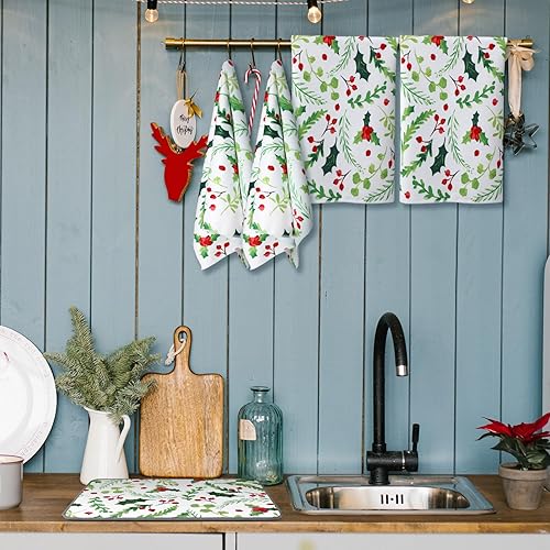Miniatura 5 de Juego de 4 toallas de cocina de bayas de acebo y 1 tapete de secado de platos de Navidad, toallas de mano de bayas, vacaciones de invierno, tapete