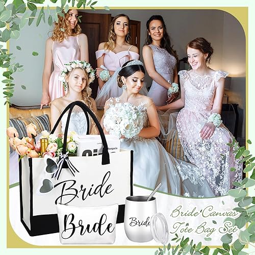 Miniatura 4 de Sweetude 4 piezas de regalos para novia, bolsa de lona con bolsa de maquillaje, vaso de novia con cepillo para pajilla, lentes de sol blancos en