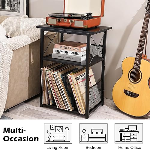 Miniatura 6 de Soporte para tocadiscos negro con almacenamiento de vinilo de hasta 100 álbumes, mesa de almacenamiento de discos de vinilo de 3 niveles con