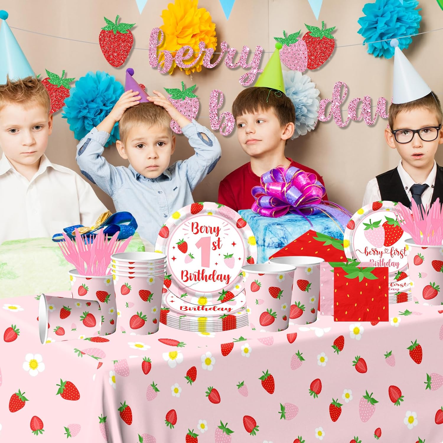 Berry First Birthday Decor Strawberry 1st Birthday Decorations for Girls with Plates, Napkins, Tablecloth, Cups Strawberry Party Decorations, Serve 20 - Image 3