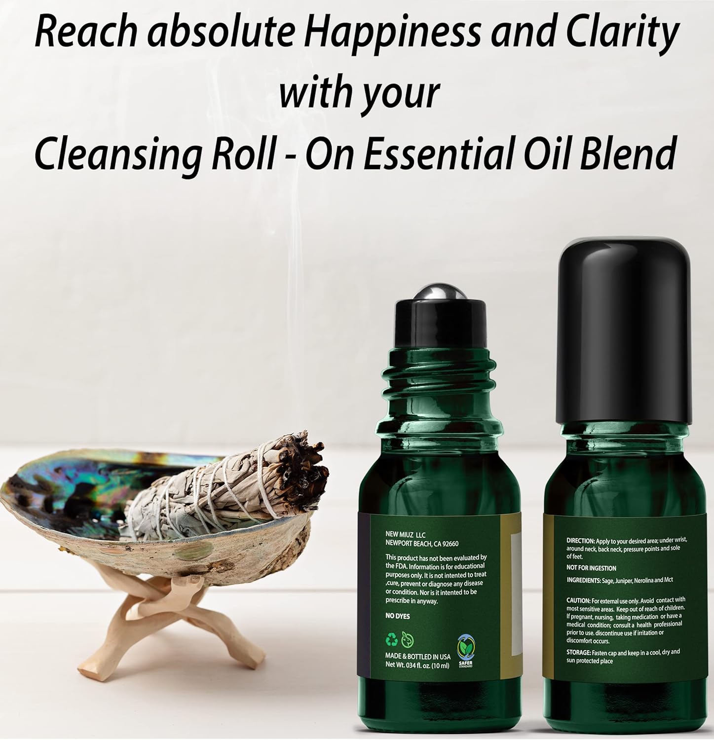 Headache Roll On Stick Peppermint Rosemary and Eucalyptus & Cleansing and Protect Juniper Berry White Sage with Nerolina Pack of 2