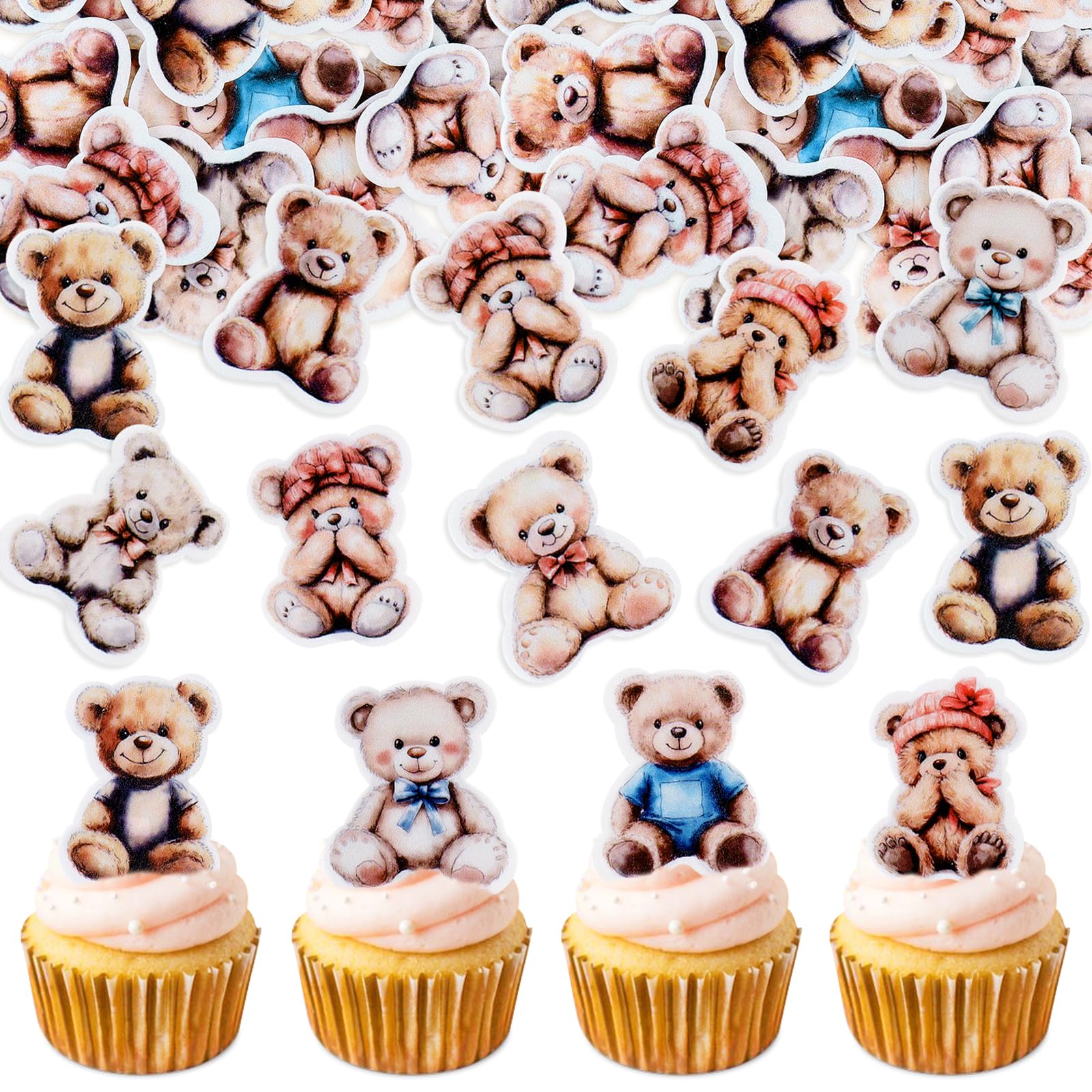 40PCS Edible Teddy Bear Cupcake Toppers Baby Shower Bear Boy Girl Glutinous Rice Paper Cake Decorations Little Bear Theme Birthday Party Cake Cupcake