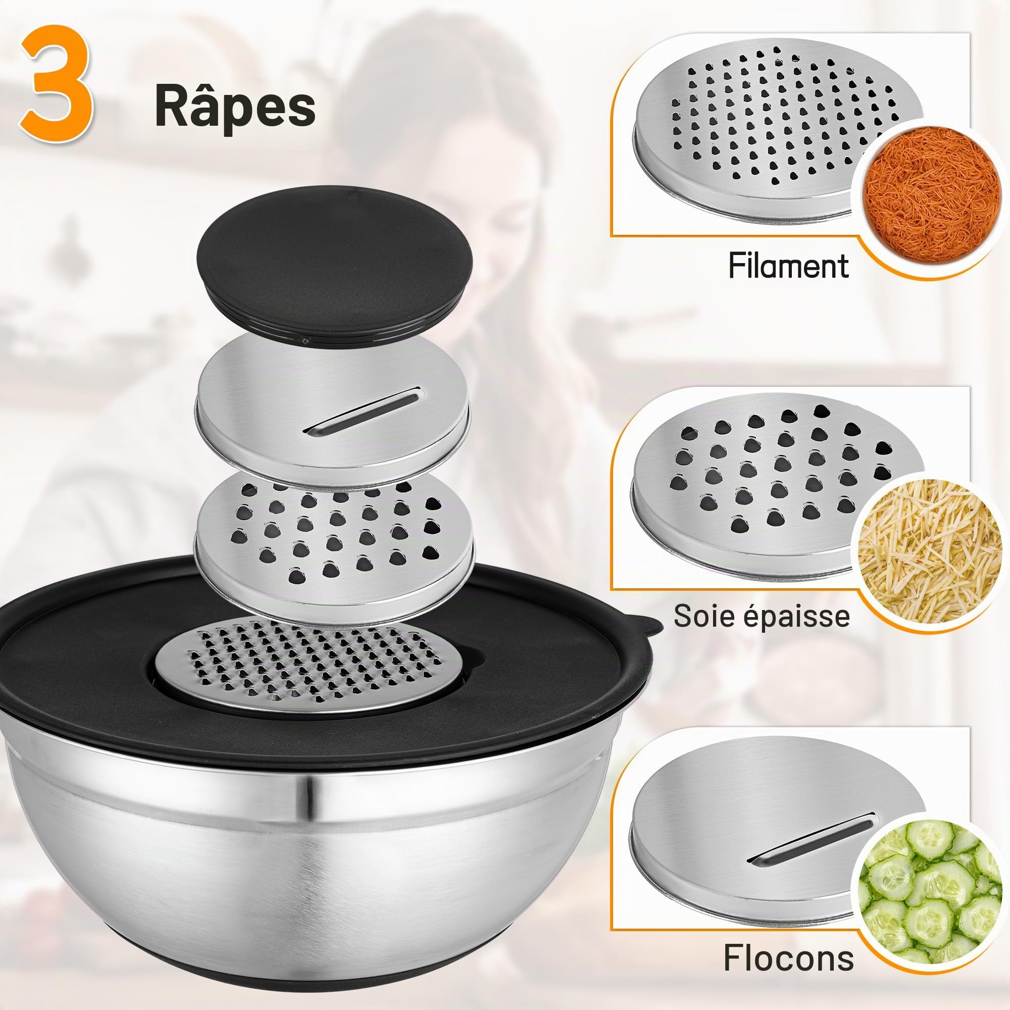 KUOGAS Lot de 5 Saladiers Avec Couvercle,cul de Poule Inox,3 Râpes, grand Saladier Inox AntidéRapant avec Couvercle, Empilable, Protection anti-éClaboussures, Passe au Lave-Vaisselle