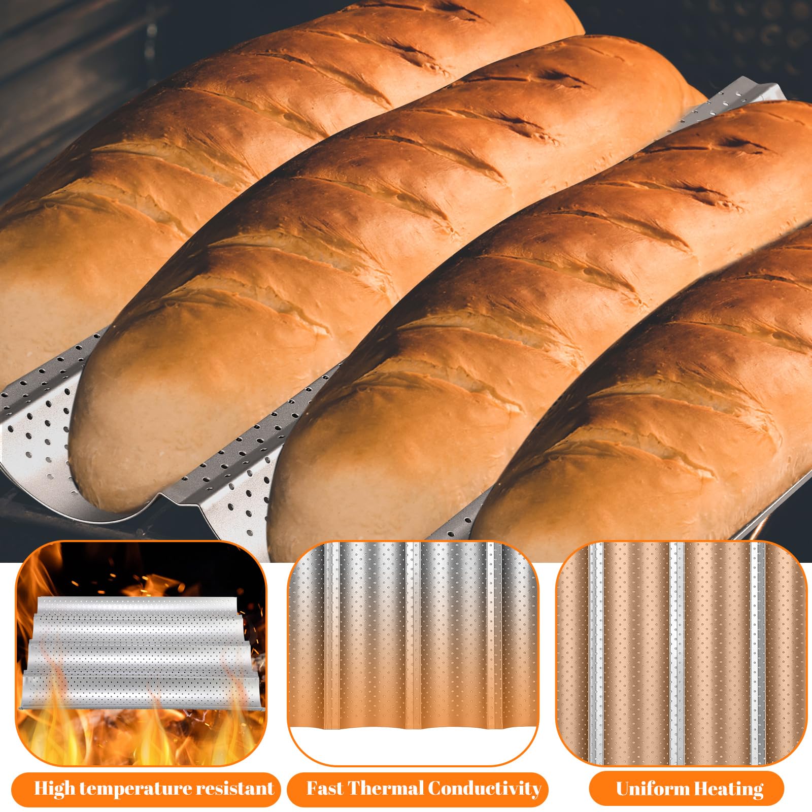 Mifoci Baguette-Pfanne, antihaftbeschichtet, perforiert, 38,1 x 33 cm, Karbonstahl, 4 Wellen, Brot, Backblech für Sauerteig, französisches Brot, silberfarben, 6 Stück