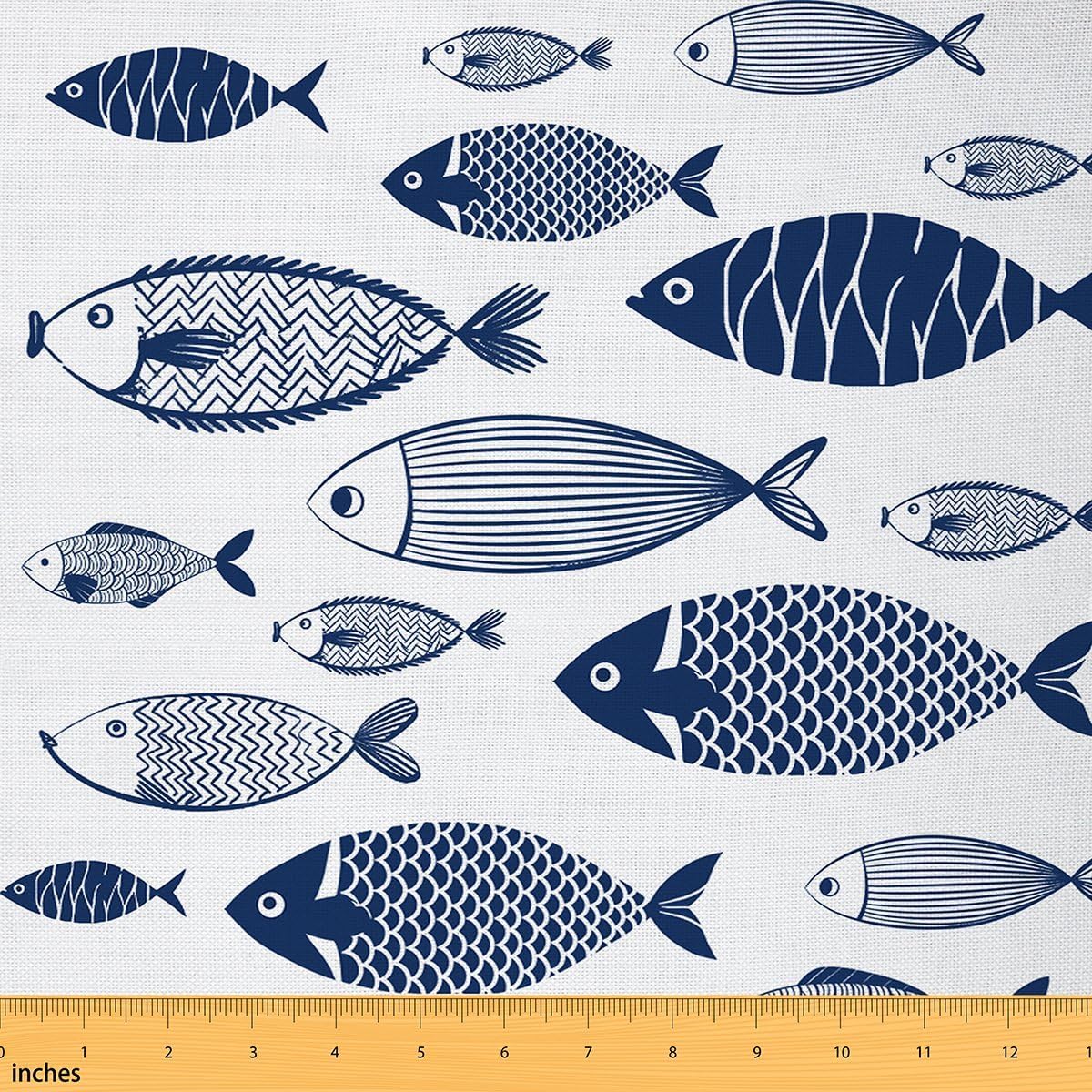 Cartoon Fish Fabric by The Yard Hand Drawn Sea Animals Kids Girls Women Sewing Soft Fabric Marine Life DIY Fabrics for Upholstery and Home Accents White Blue Crafting Supplies Fabrics,3 Yards 108"x59"