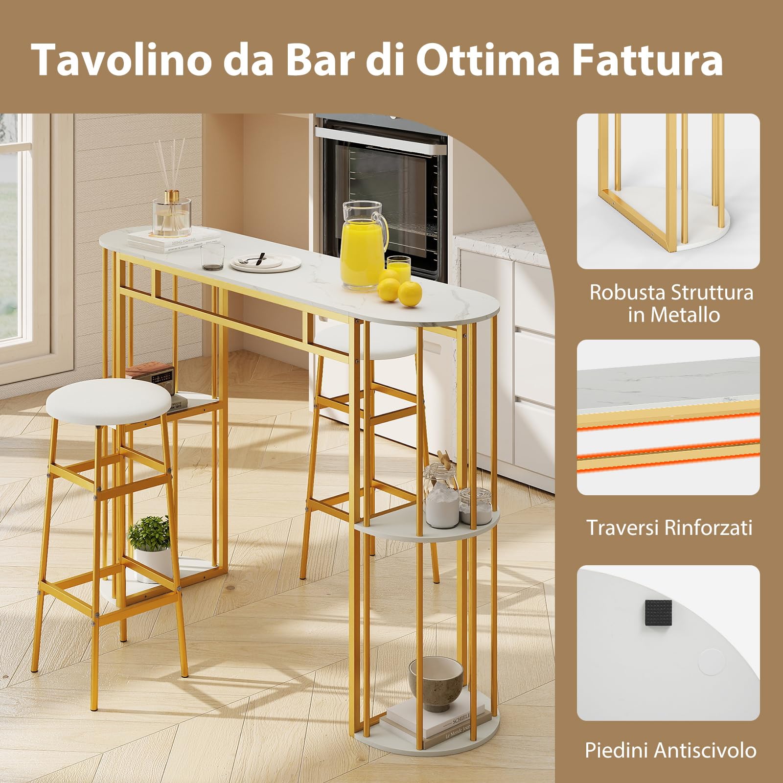 COSTWAY Tavolo da Bar Alto, Tavolino da Cucina Moderno con Piano in Finto Marmo, 4 Ripiani Laterali e Struttura in Metallo, Bancone Cucina da Casa per Soggiorno e Sala da Pranzo (Bianco)
