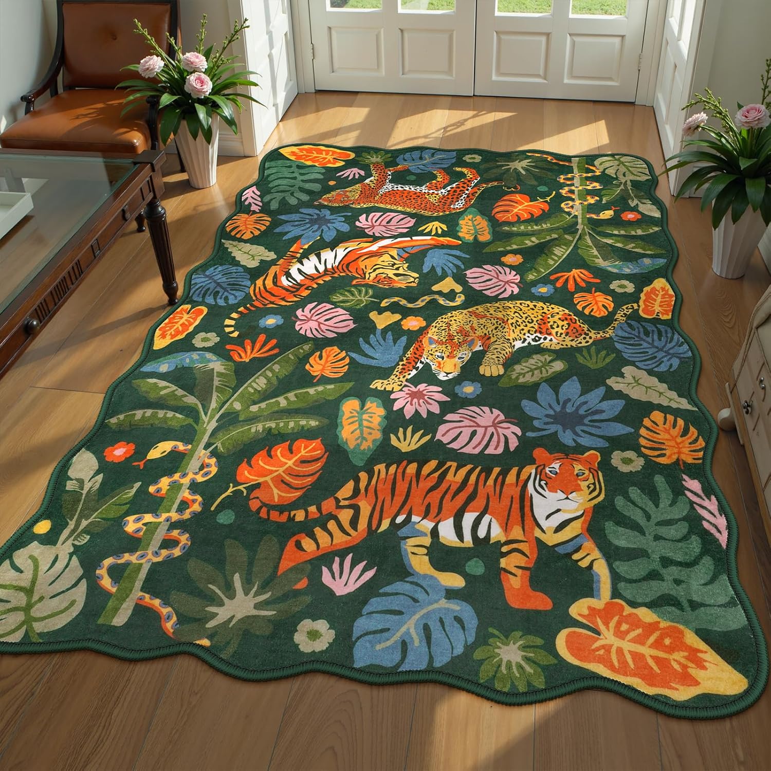 LEEVAN Jungle Animal Nursery Rugs 5x7, Washable Green Tiger Living Room Rugs Non Slip Scalloped Tiger Bedroom Rug, Low Pile Leopard Floor Carpet Leaf Print Kids Rug