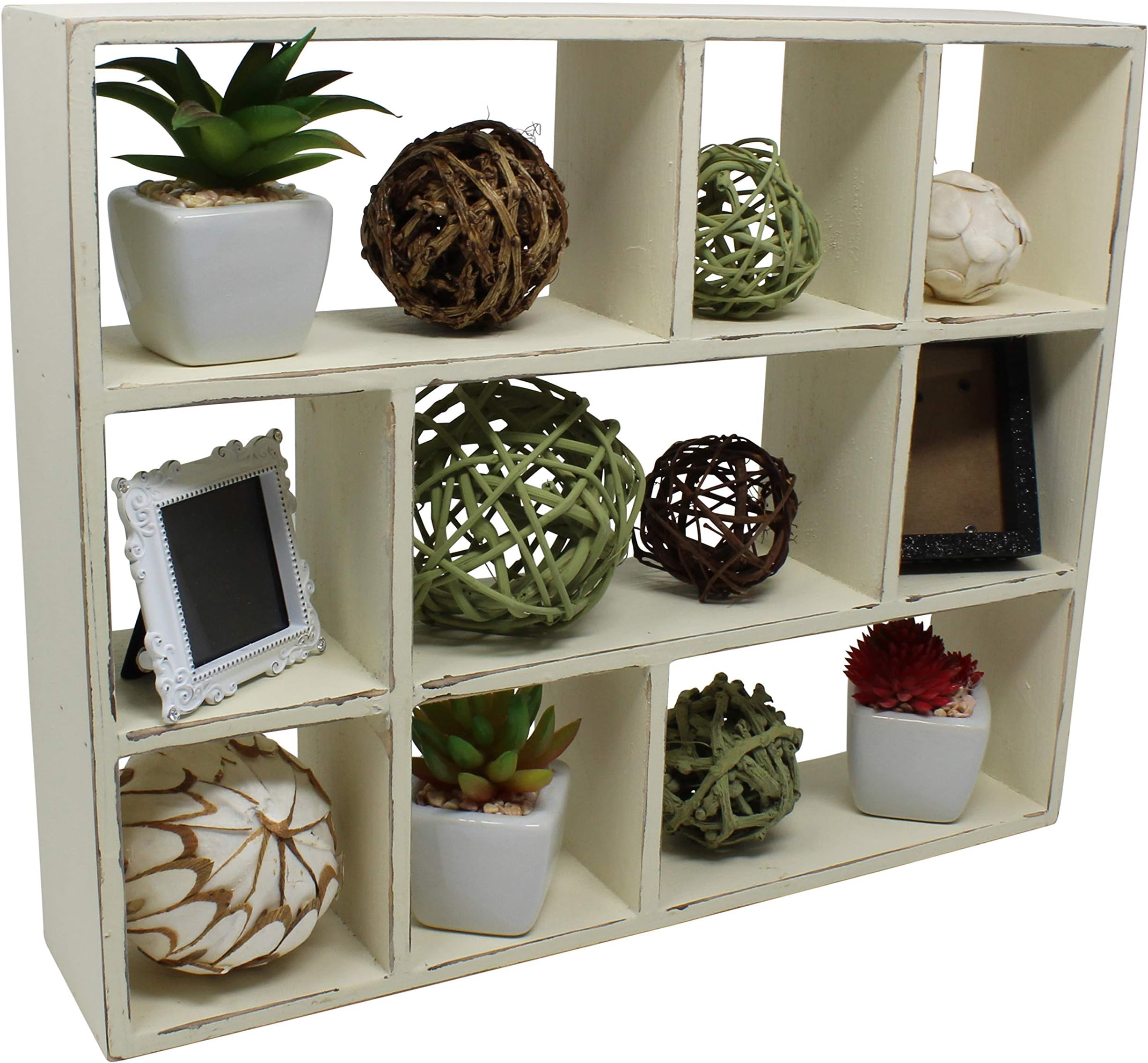 Vintage Rustic Torched Wood Rustic Freestanding & Wall Mountable Shadow Box Display Frame with 9 Compartments - Wooden Farmhouse/White Washed Home Decor Picture Shelf for Kitchen, Bedrooms, Bathroom