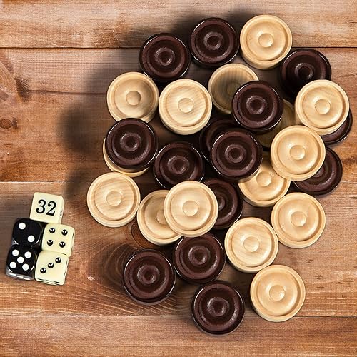 Miniatura 4 de Juego de 30 piezas apilables de madera clásicas, juego de 30 piezas de damas, 5 dados, 2 bolsas de almacenamiento con cordón, damas (1.2 pulgadas de