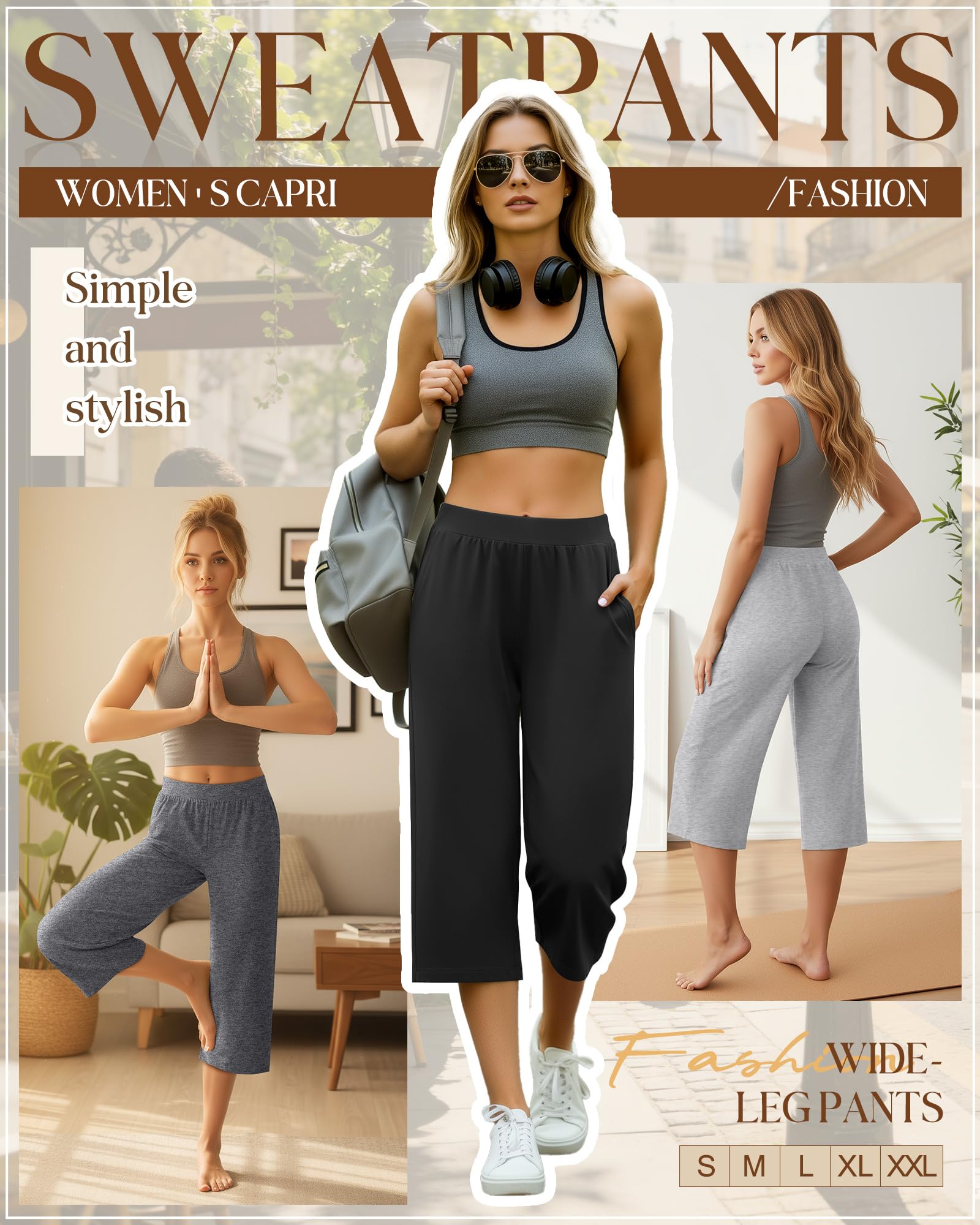 Geyoga 3er-Pack Damen Capri-Jogginghosen, Weites Bein, Kurze Caprihose mit Taschen, Bequeme Loungewear, Jogginghose