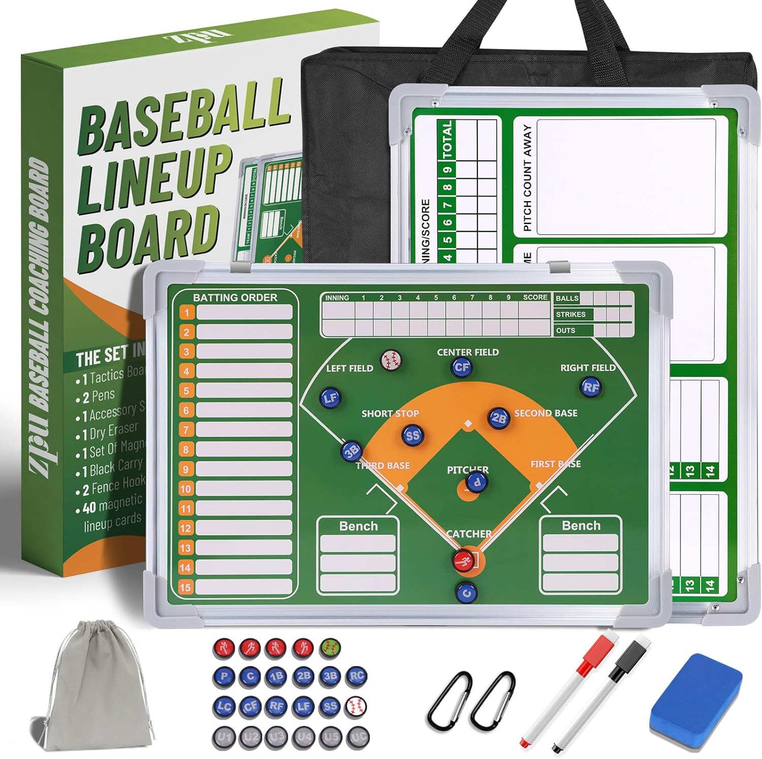 ZPU Magnetic Baseball Lineup Board for Dugout, Baseball/Softball Clipboard for Coaches, Baseball Coaching Board with Dry Erase, Marker pens, Magnets & Storage Bag
