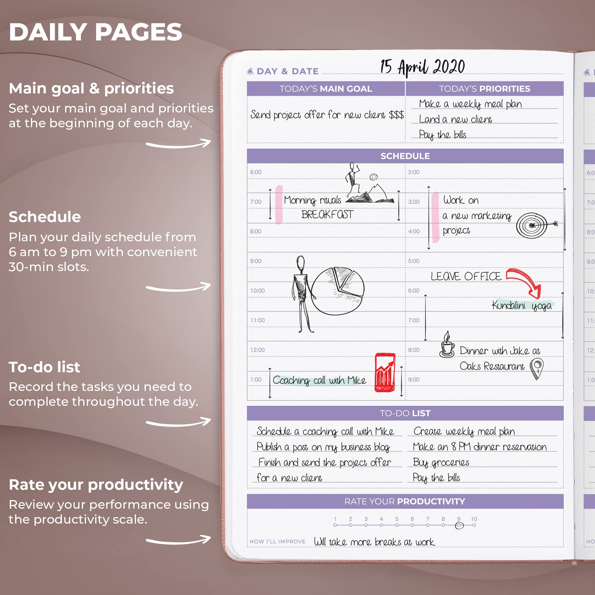 Clever Fox Daily Planner 2nd Edition - Undated Time Block Task Organizer with Hourly Schedule & To-do list - A5, 6 Months (Rose Gold) - Image 3