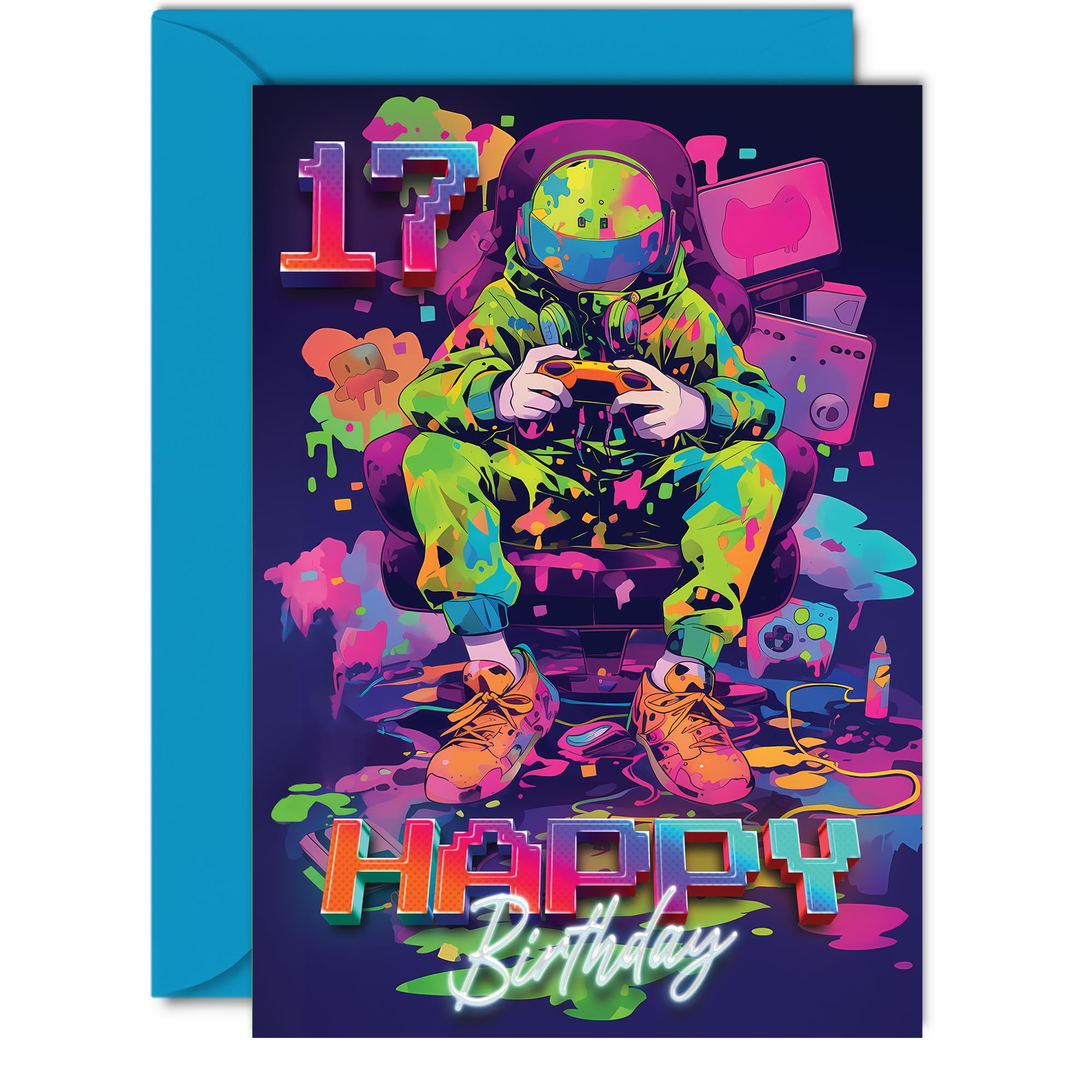 17th Birthday Cards for Girls Boys - Video Gamer Game - Happy 17 Birthday Card for Son Daughter Nephew Niece Grandson, 5x7 Inch Seventeen Seventeenth Bday Greeting Cards