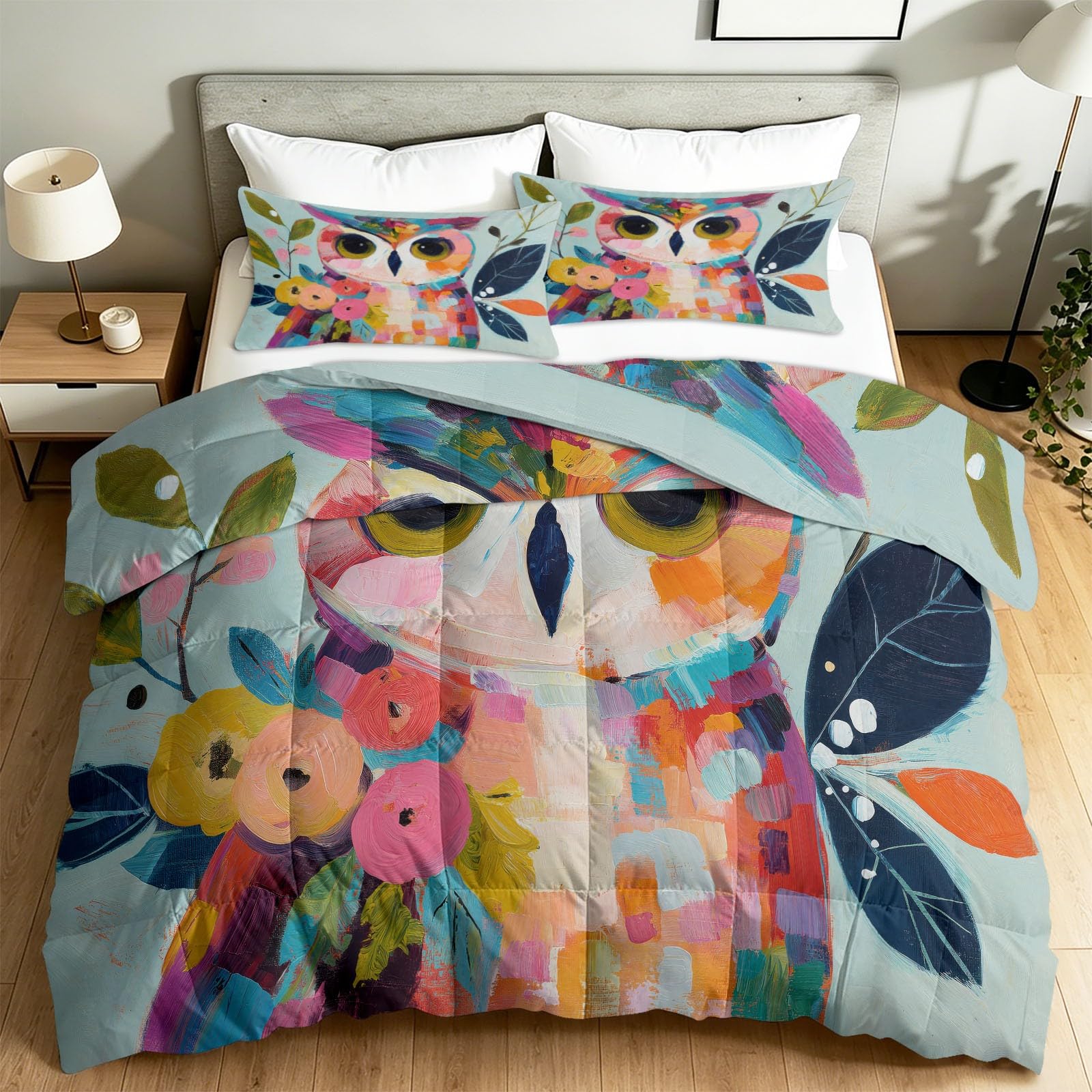 Bettdecke 135 x 200 cm 4 Jahreszeiten, Boho Schick Tier Eule Blumen Steppdecke, Atmungsaktiv Ganzjahresdecke - Blau-Grün Bettdecke ohne Bezug, Waschbar Schlafdecke mit 2 Kissenbezug