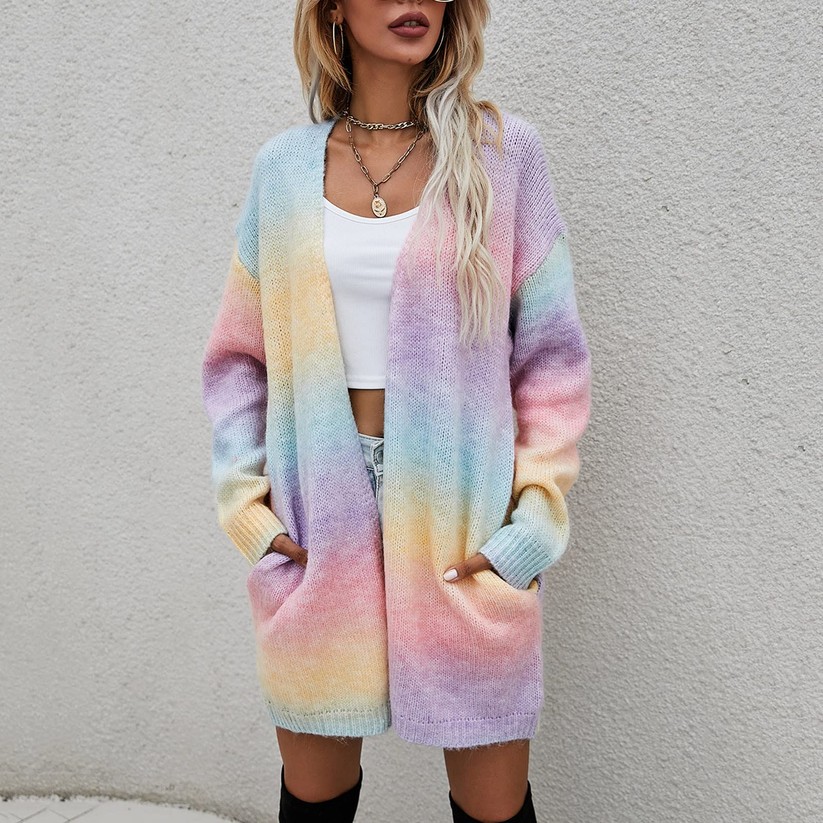Generisch Chaqueta de forro polar para mujer, informal, estampado de Tie Dye, parte delantera abierta, manga larga, cárdigan de punto suelto, abrigo midi para exteriores