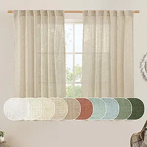 LAMIT Semi Sheer Linen Curtains 54 Inch Length 2 Panels, Light Filtering Panels Back Tab and Rod Pocket Neutral Drapes for Small Window/Bedroom, 52 x 54 Inch
