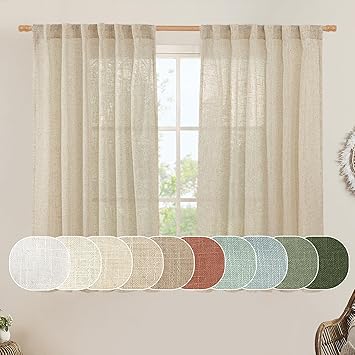 LAMIT Semi Sheer Linen Curtains 54 Inch Length 2 Panels, Light Filtering Panels Back Tab and Rod Pocket Neutral Drapes for Small Window/Bedroom, 52 x 54 Inch
