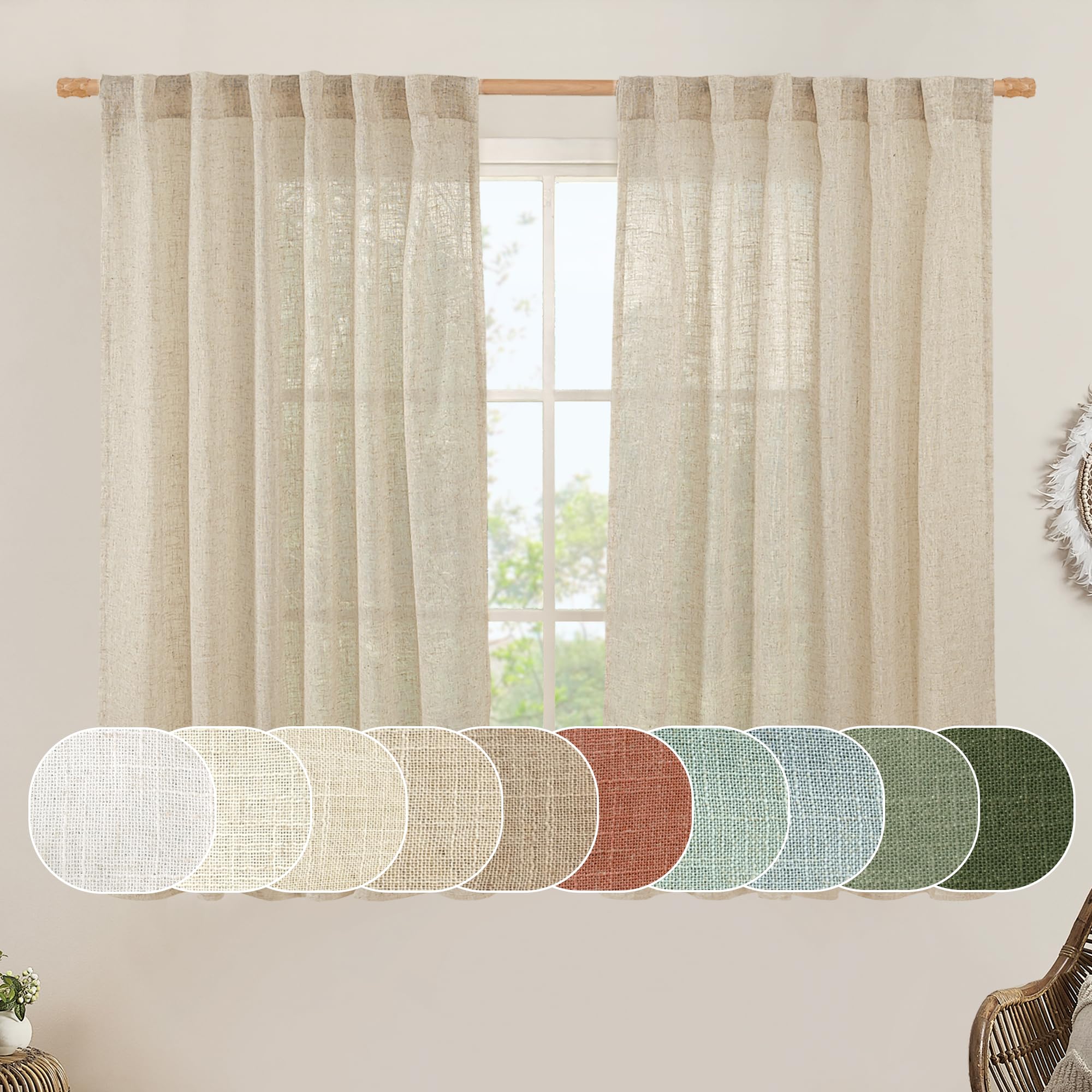 LAMIT Linen Semi Sheer Curtains 40 Inch for Kitchen Window Over Sink, Light Filtering Panels Farmhouse Boho Back Tab and Rod Pocket Drapes for Cafe, Linen, 2 Panels, 52 x 40 Inch