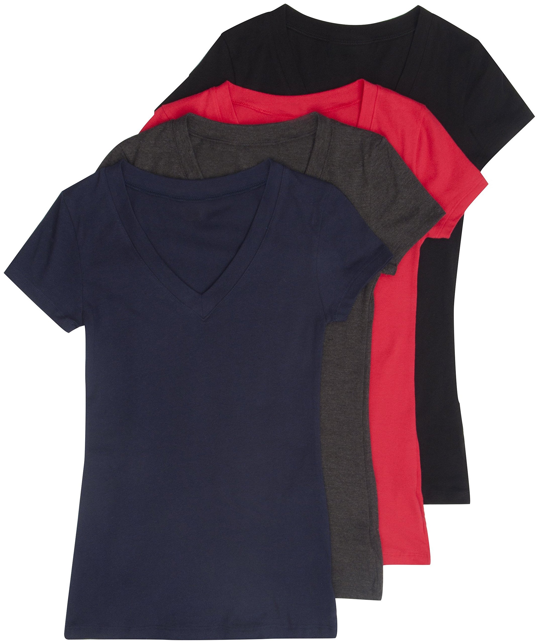 4 Pack Zenana Women's Basic V-Neck T-Shirts Large Black, Charcoal, Navy, Red