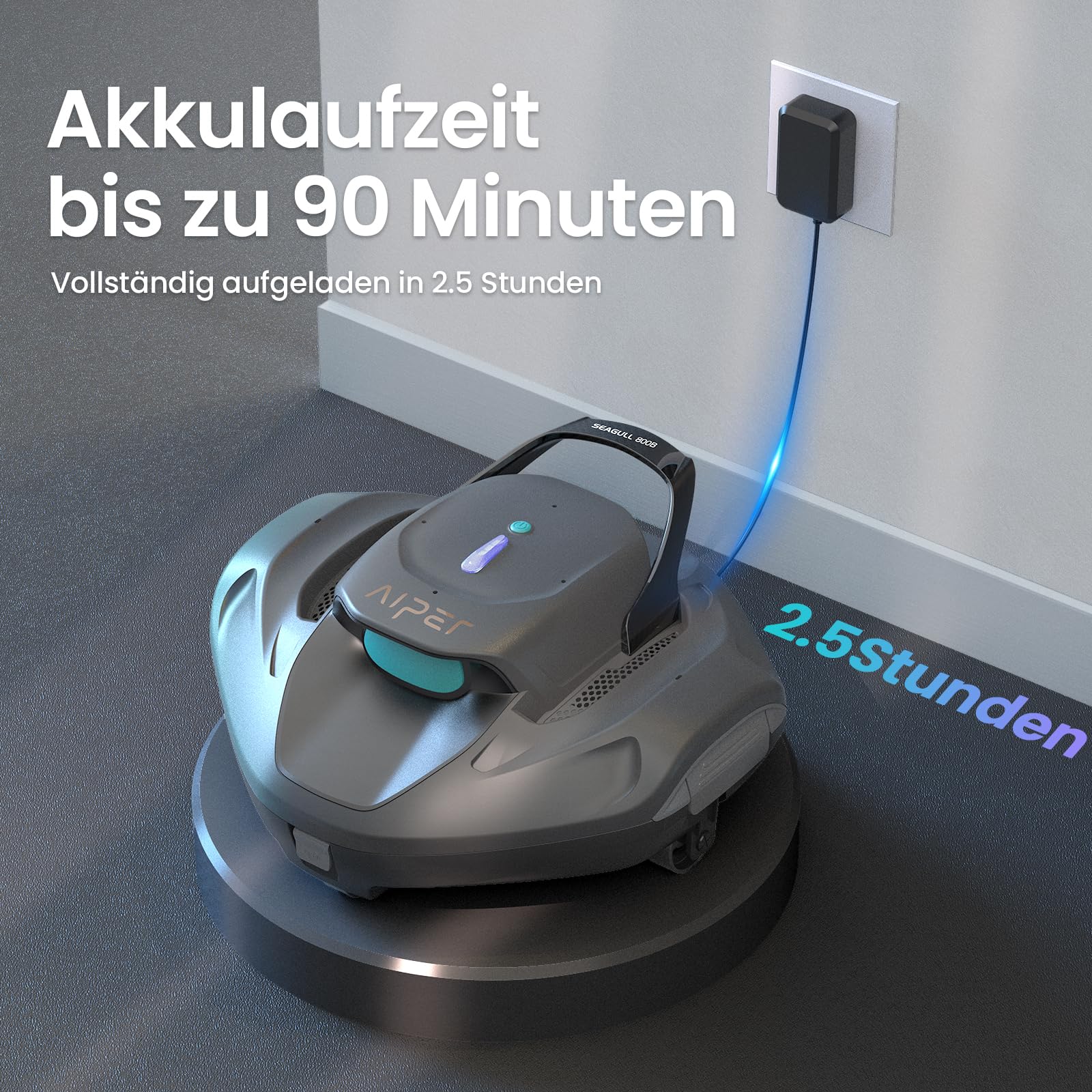 AIPER Seagull 800B Kabelloser Poolroboter, Selbstparkende Technologie, 90 Min Akkulaufzeit, Starke Saugkraft, LED-Anzeige, Ideal für Aufstellpools bis zu 80 m²