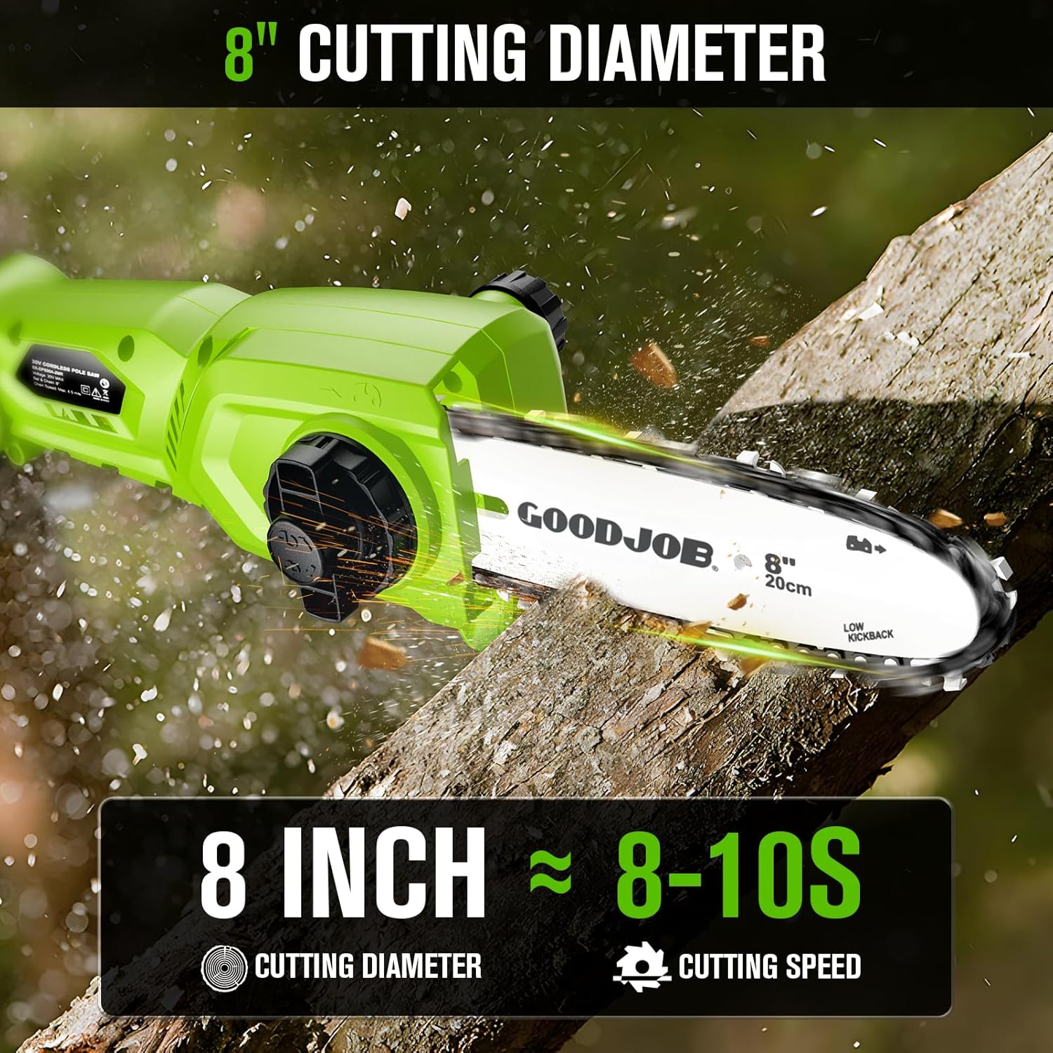 GOODJOB Electric Pole Saw for Tree Trimming, 20V 8-Inch Cordless Pole Chainsaw with Low Kick-Back Bar, Extends to 14.2 Ft, Auto Oiling, 2 Batteries & Fast Charger for Orchard & Garden Use