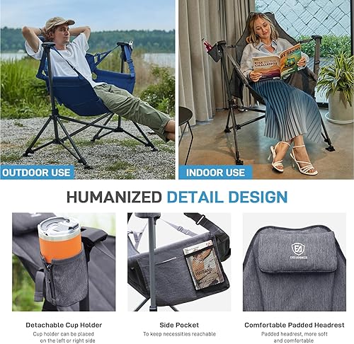 Miniatura 7 de EVER ADVANCED Hamaca acolchada para camping, silla columpio de gran tamaño resistente con portavasos desmontable, silla mecedora plegable portátil