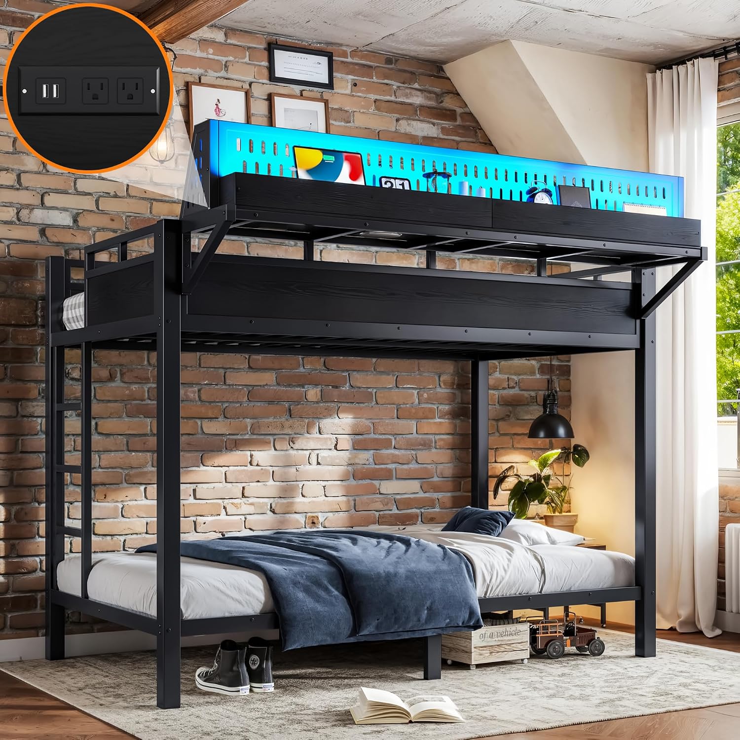 Bellemave Twin XL Over Twin XL Bunk Bed with Storage Shelves & Pegboard, Metal Bunk Bed Frame with USB Ports & LED Lights, Twin XL Bunk Beds for Teens Adults, No Box Spring Needed, Black Natural