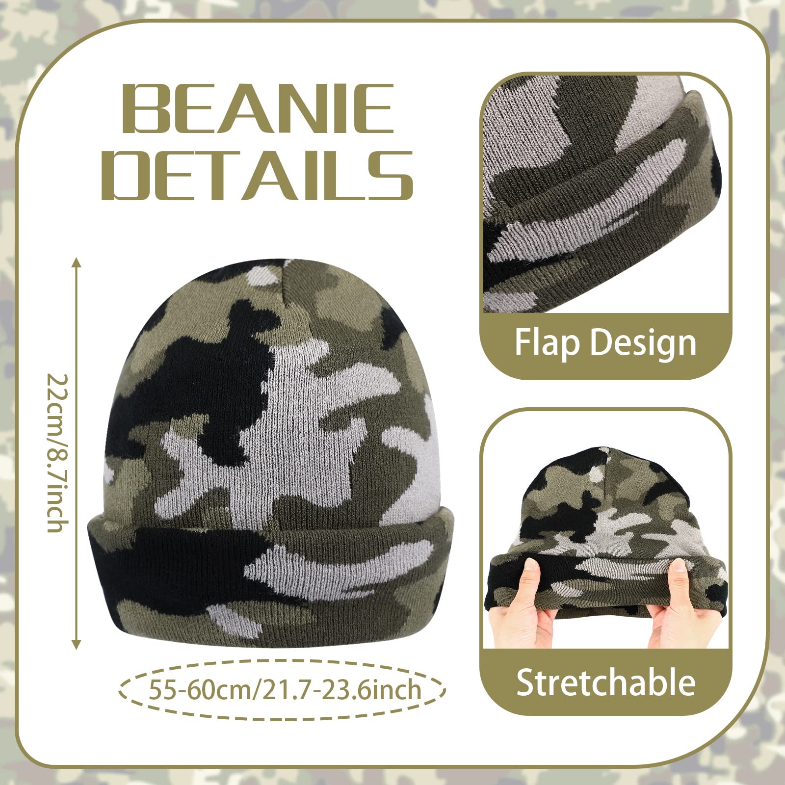 Neer 2 Stück Winter Camouflage Mütze und Halswärmer Set Grün Schwarz Grau Gestrickte Camo Mütze Halsmanschette für Männer Frauen